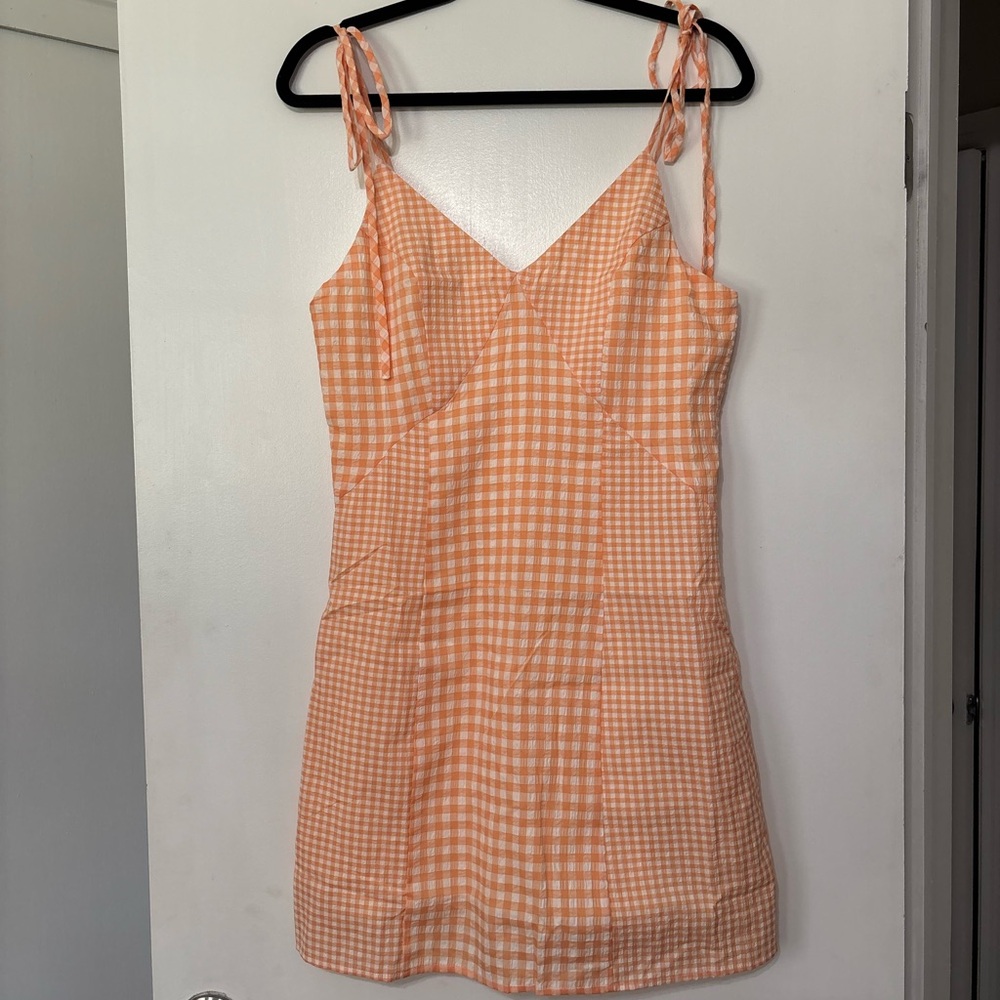 Gingham Tie-Shoulder Orange Mini Dress